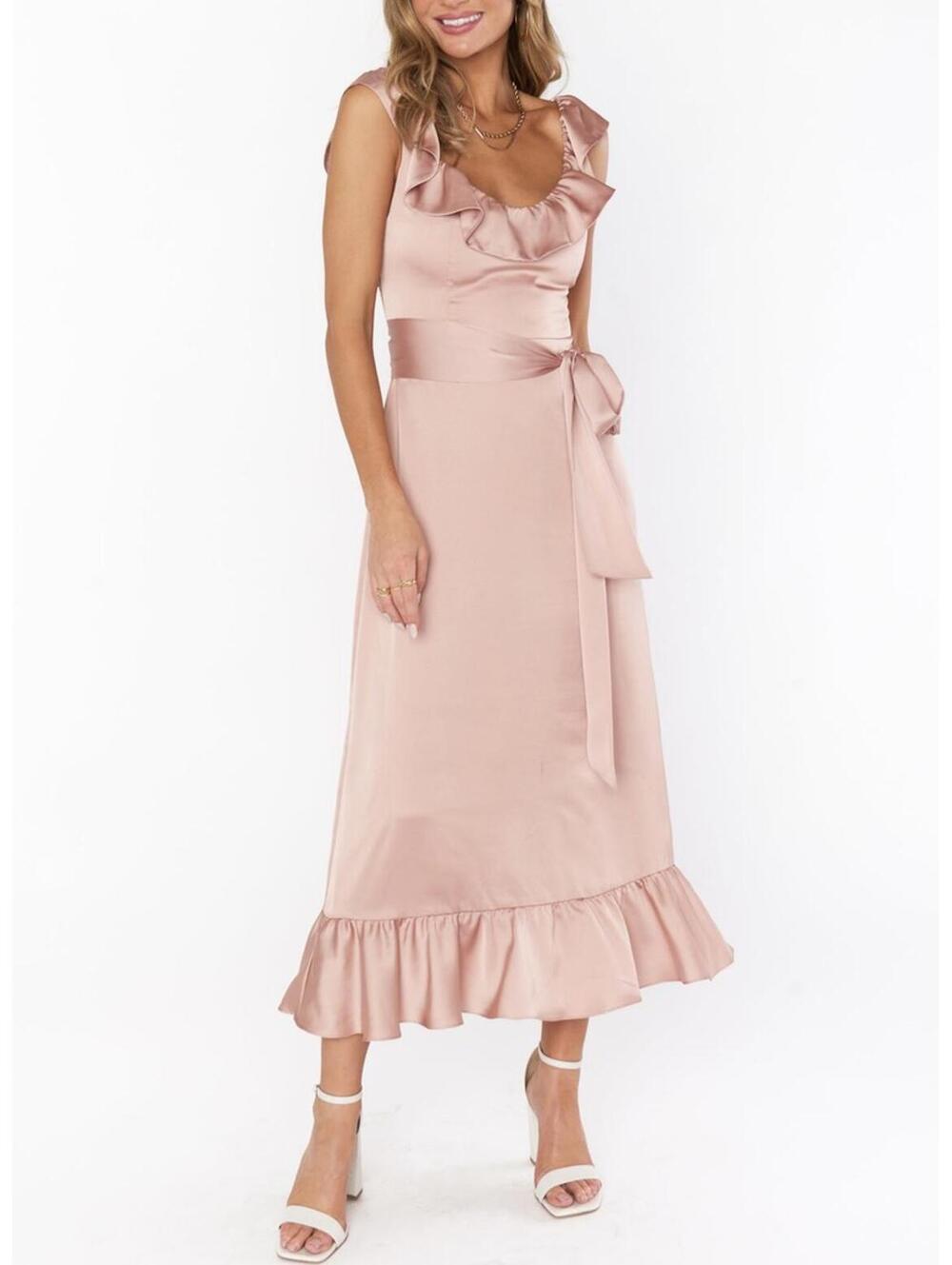 Show Me Your Mumu Alexis Midi Dress Rose Gold Luxe Satin Bridesmaid XS